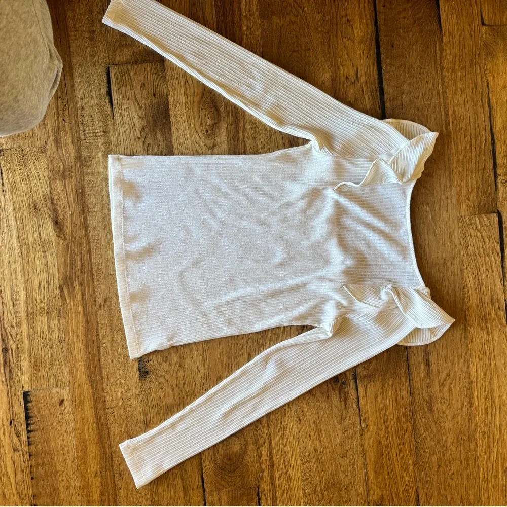 LOFT Cream Ribbed Blouse with Ruffled Shoulders - Picture 4 of 4